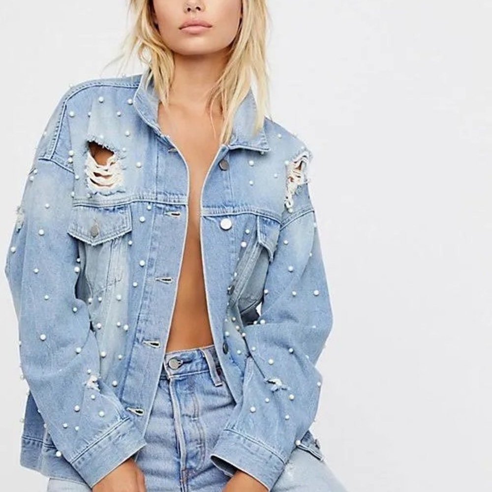 Free People Light Blue Pearl-Studded Distressed Denim Jacket
